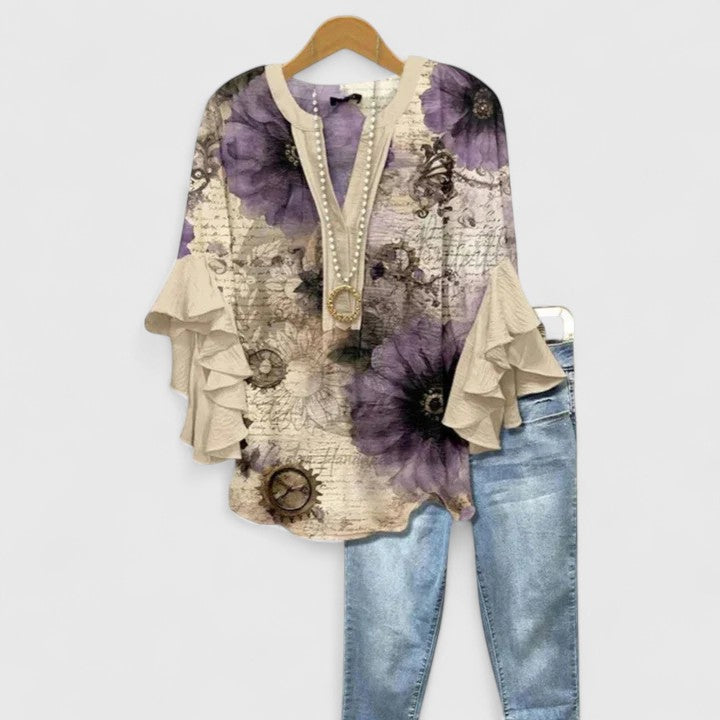 Myravelle - Elegant Women's Bohemian Printed Blouse with Flounced Sleeves