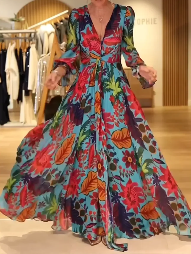 Savelie  - Robe Longue Florale Col V Élégant
