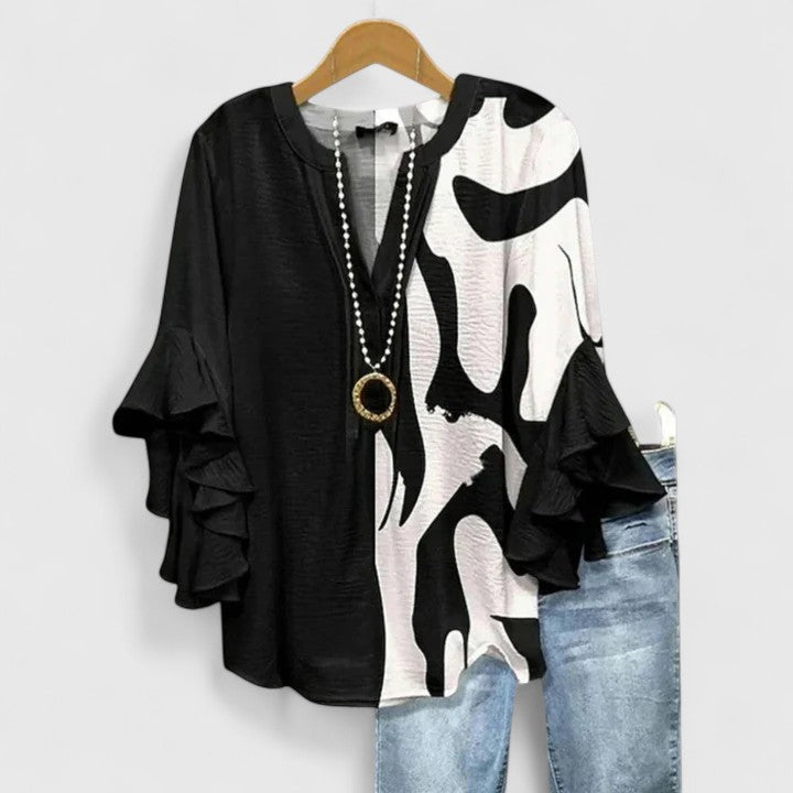 Myravelle - Elegant Women's Bohemian Printed Blouse with Flounced Sleeves