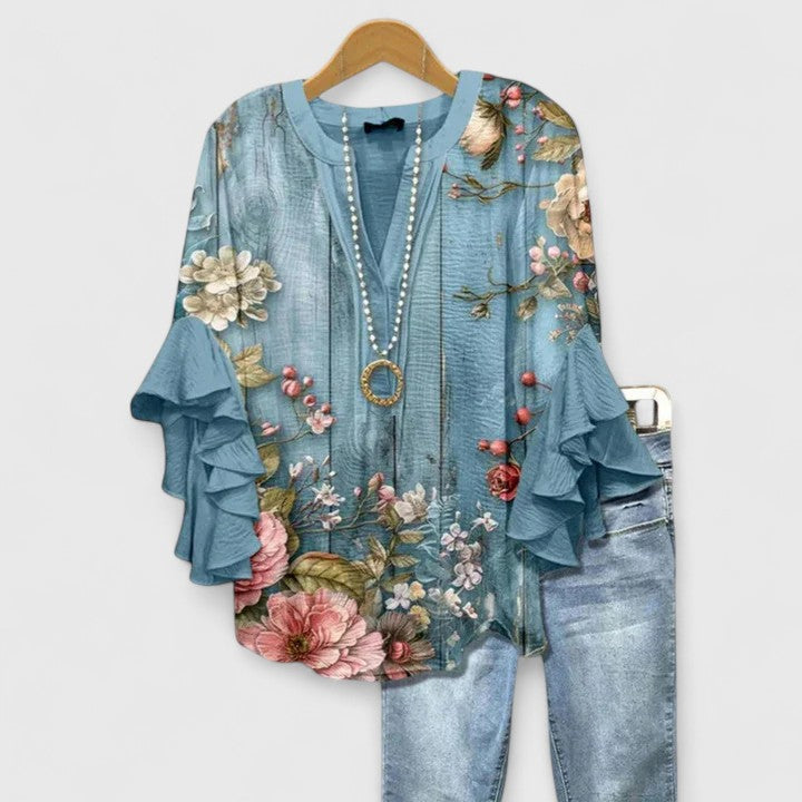 Myravelle - Elegant Women's Bohemian Printed Blouse with Flounced Sleeves