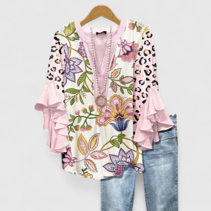 Myravelle - Elegant Women's Bohemian Printed Blouse with Flounced Sleeves