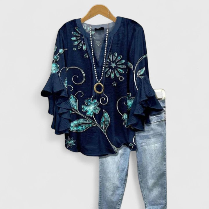Myravelle - Elegant Women's Bohemian Printed Blouse with Flounced Sleeves
