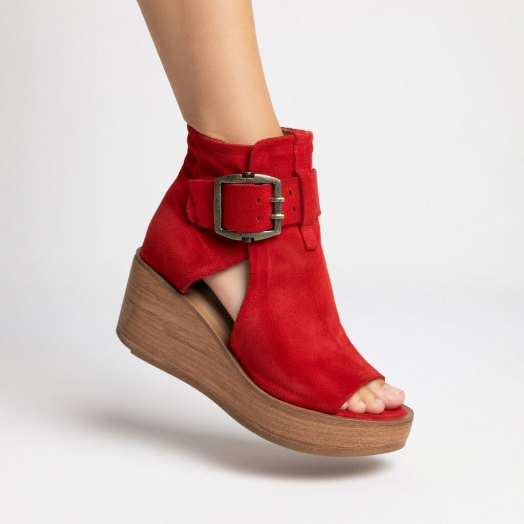 Kalyne - Sandales femme wedge suède bout ouvert boucle cheville