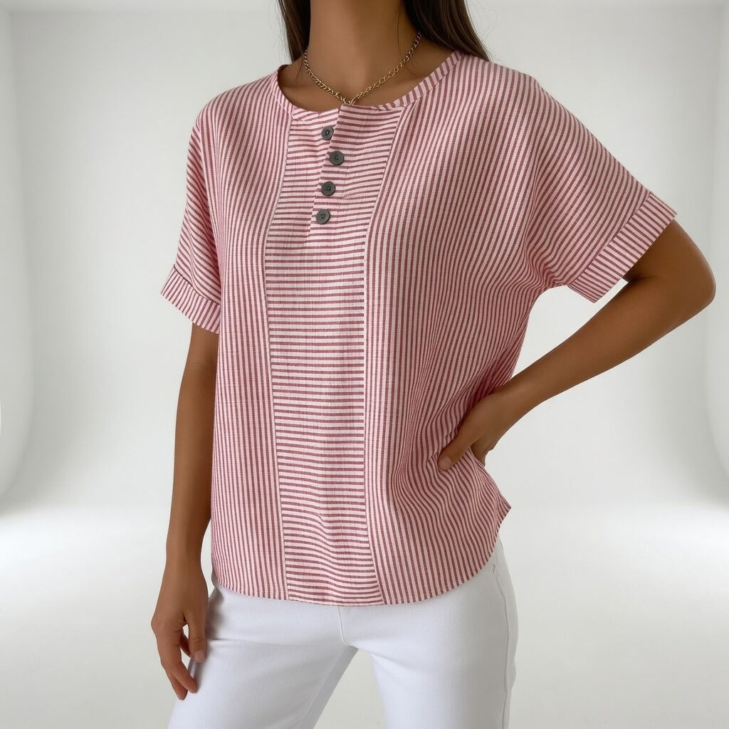 Dovinia - Blouse femme lin rayée manches courtes fluide été casual