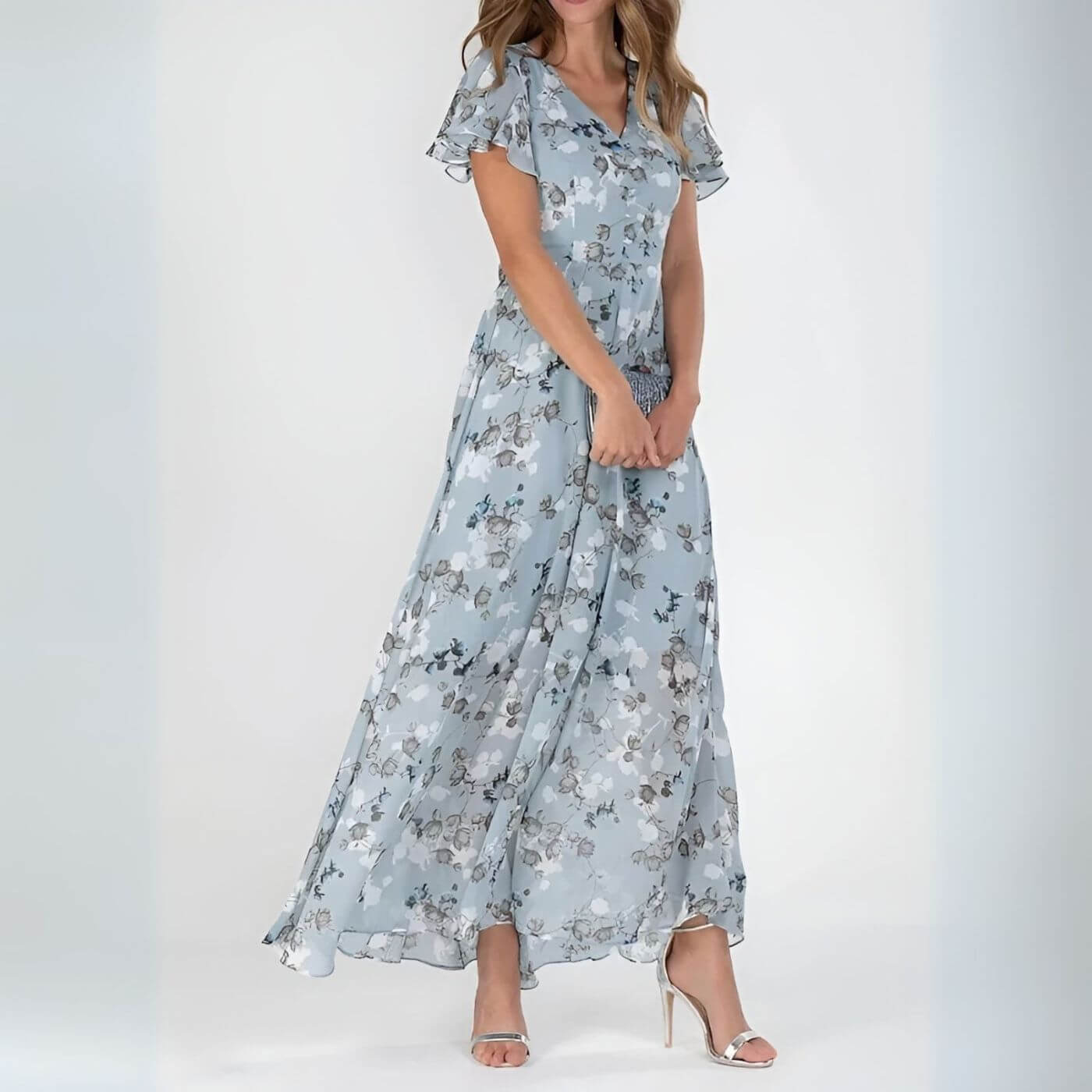 Sorevixa - Robe maxi femme à fleurs élégante avec col V fluide