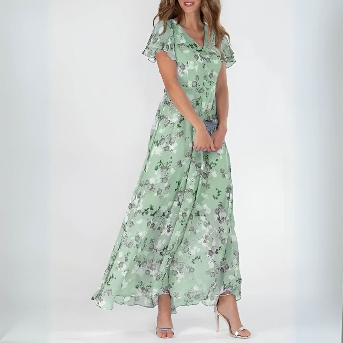 Sorevixa - Robe maxi femme à fleurs élégante avec col V fluide