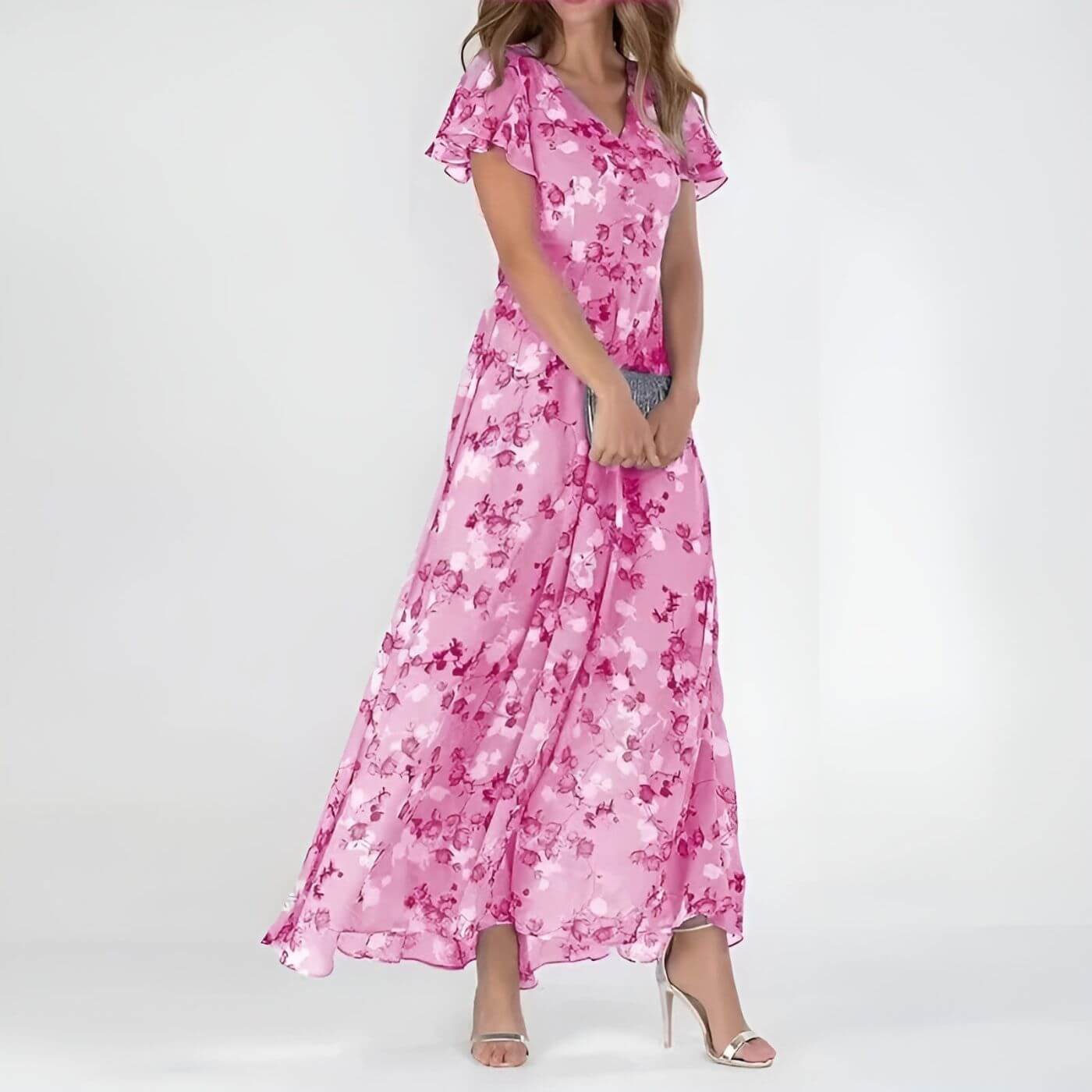 Sorevixa - Robe maxi femme à fleurs élégante avec col V fluide