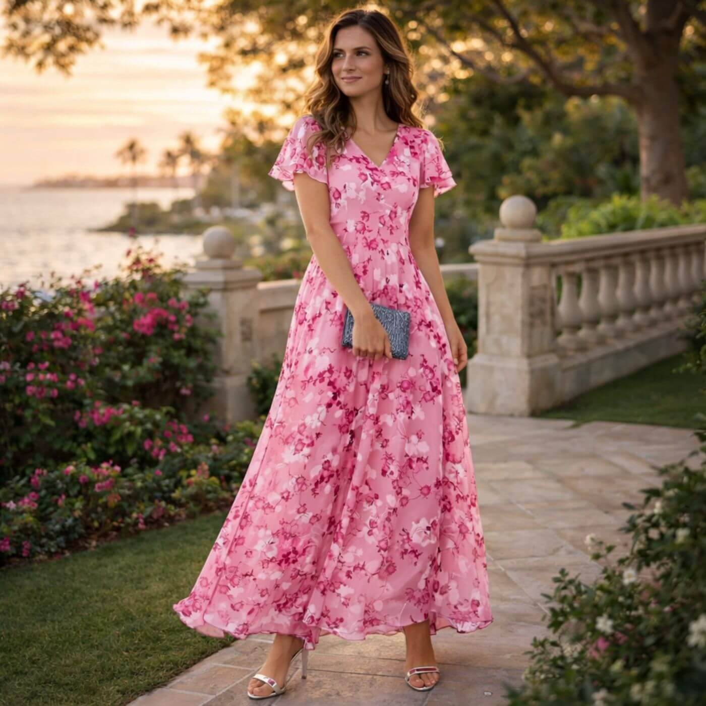 Sorevixa - Robe maxi femme à fleurs élégante avec col V fluide