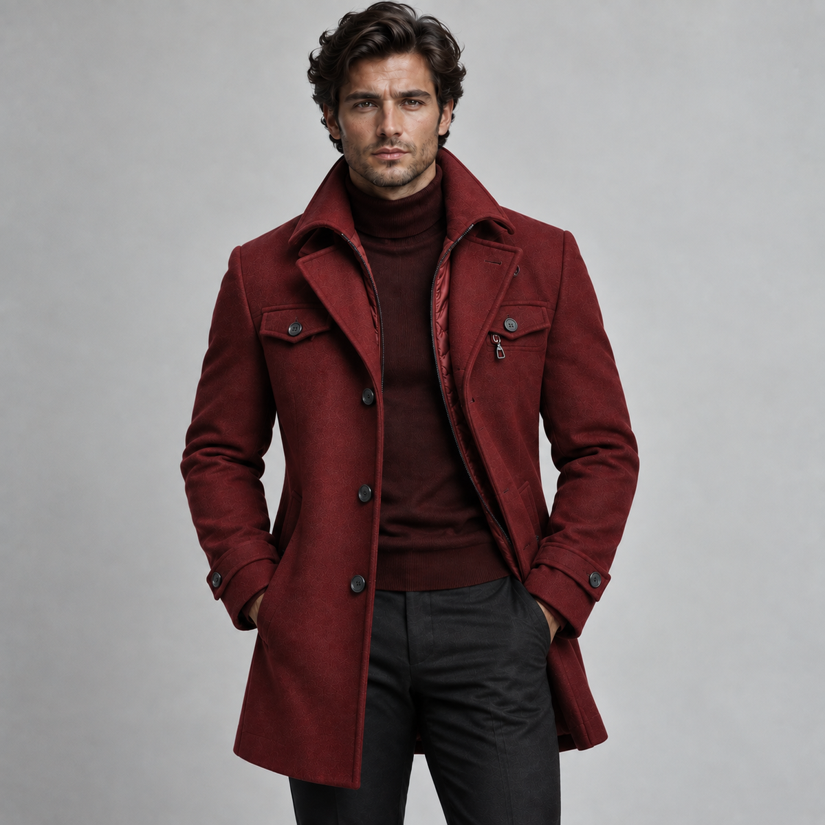 Marcus - Men's wool coat with stand-up collar and quilted lining