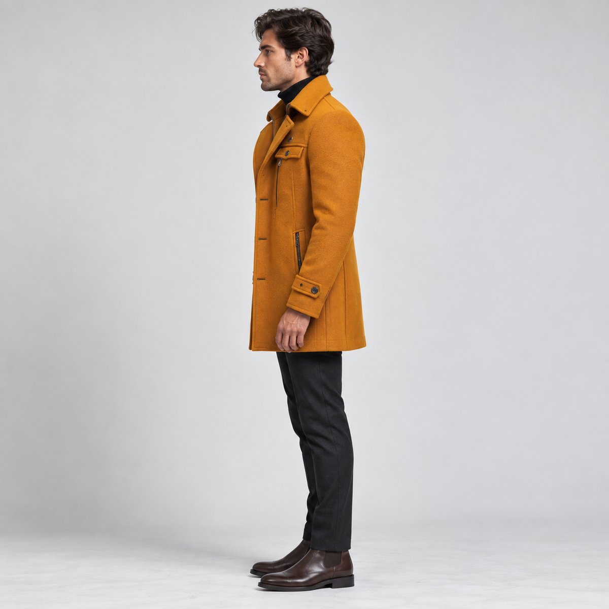 Marcus - Men's wool coat with stand-up collar and quilted lining