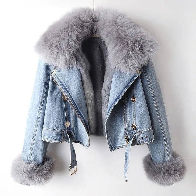 Béatrice - Manteau de denim en fourrure de renard doublé de luxe