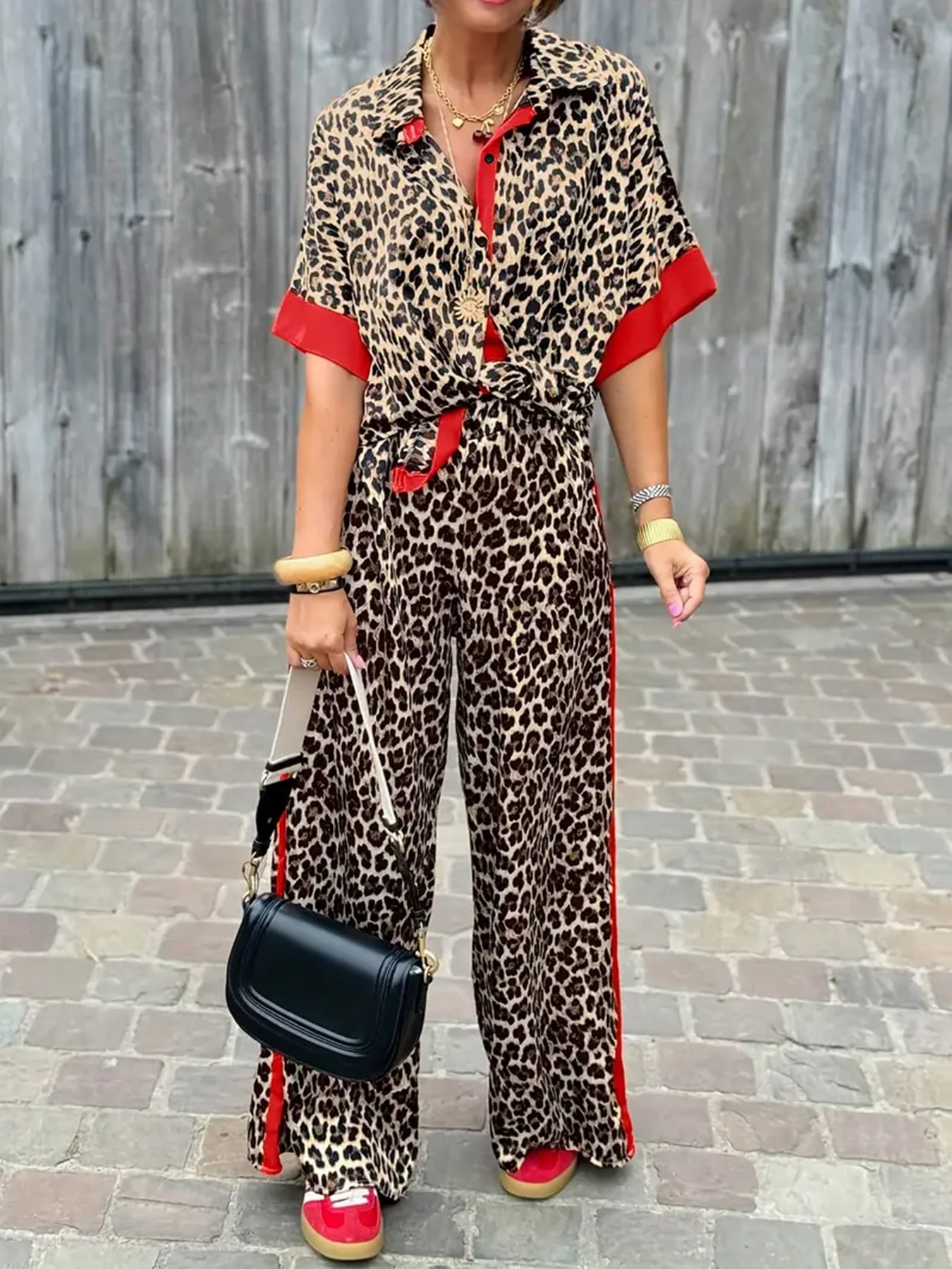 Cyra - Ensemble Imprimé Léopard avec Pantalon à Jambes Larges