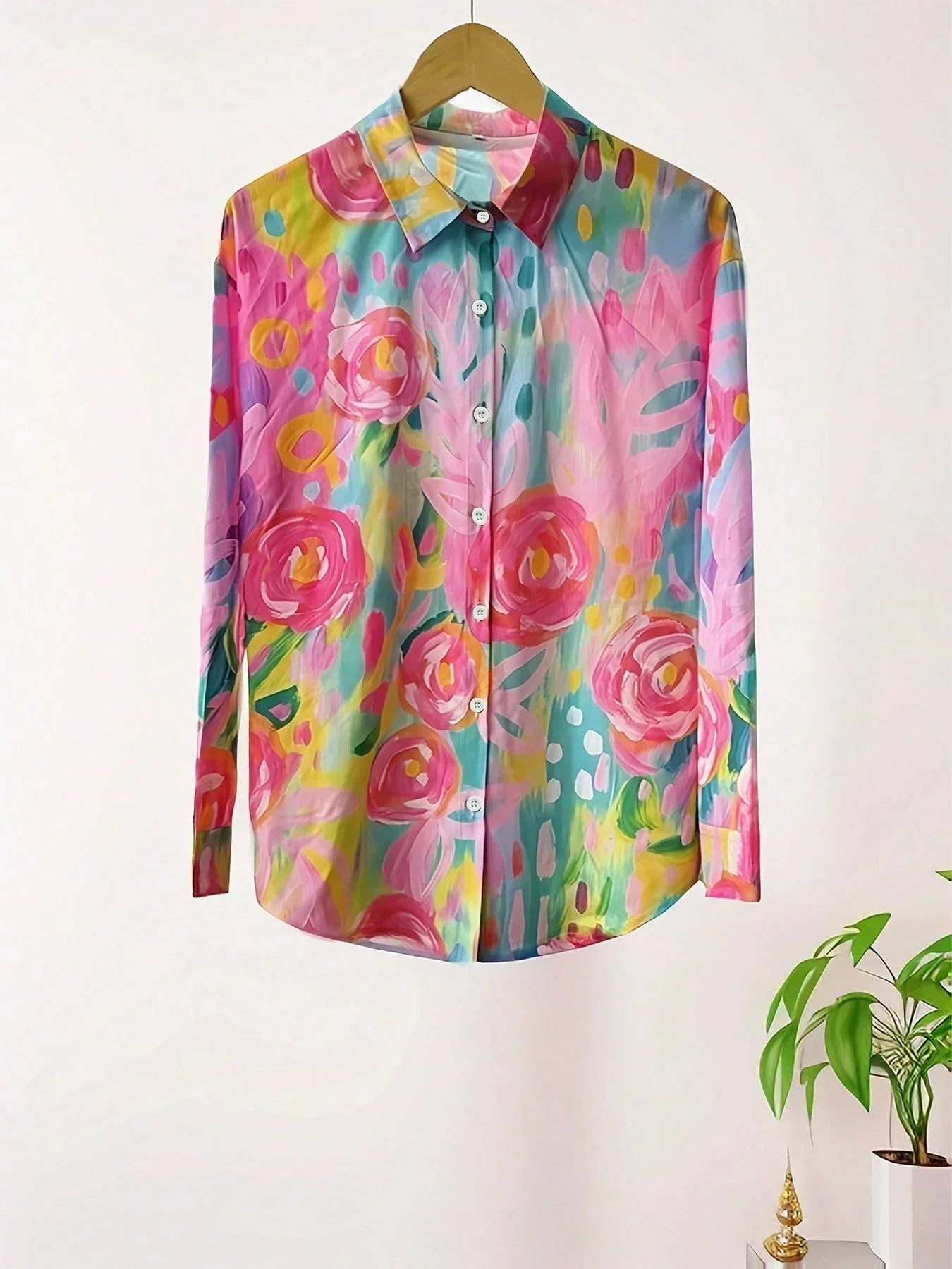 Myzelle - Women's Flowy Printed Long Sleeve V-Neck Button-Up Blouse Elegant