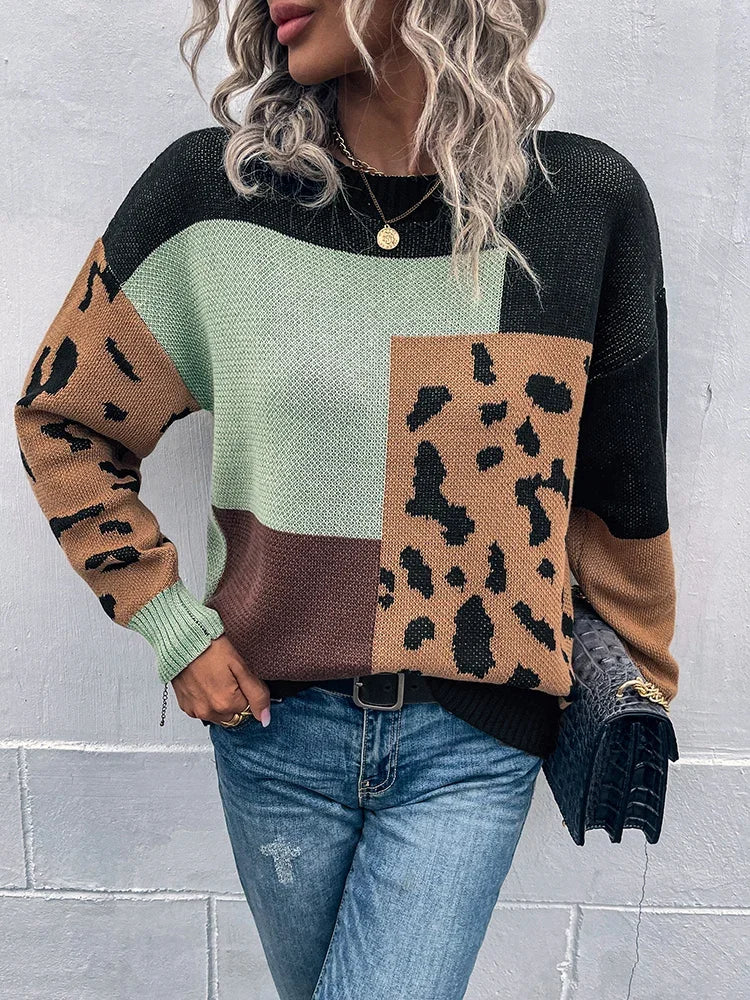 Kalirienne - Pull En Tricot Patchwork À Imprimé Léopard