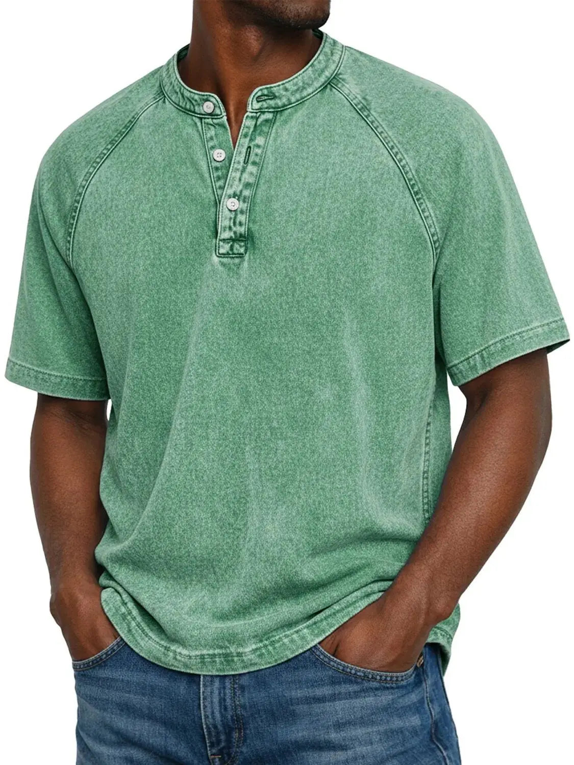 Elias - T-shirt homme col Henley manches courtes effet délavé vintage coton