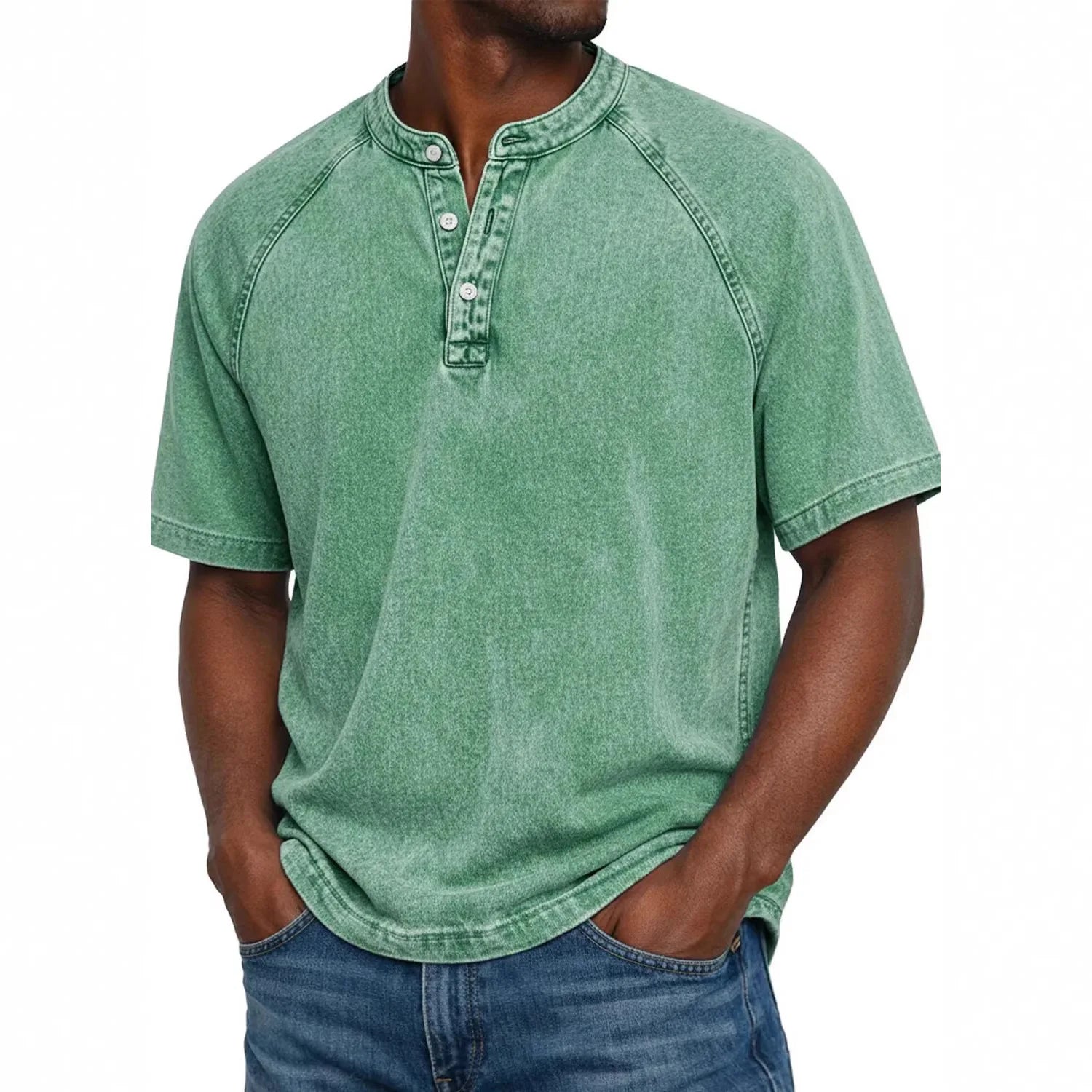 Elias - T-shirt homme col Henley manches courtes effet délavé vintage coton
