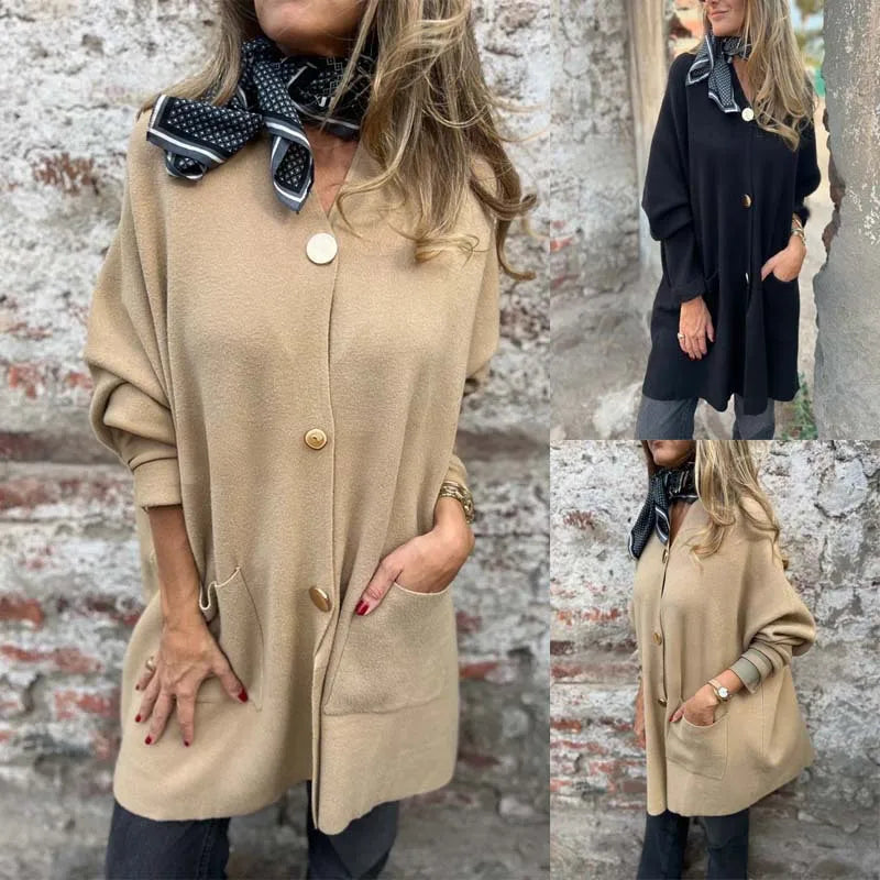 Giselora - Cardigan en Tricot Épais avec Boutons Dorés et Poches Frontales