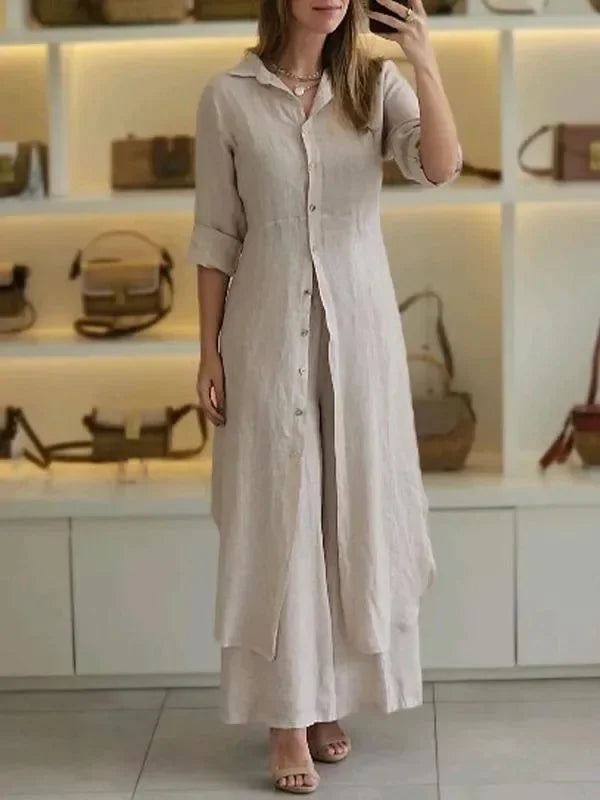 Bresina - Ensemble en lin élégant robe chemise longue et pantalon fluide