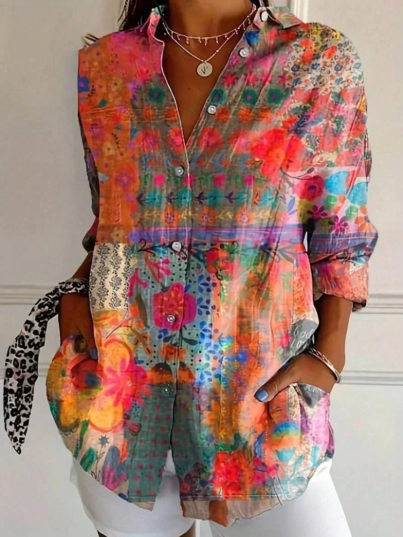 Myzelle - Blouse femme fluide imprimée manches longues col V boutonnée élégante