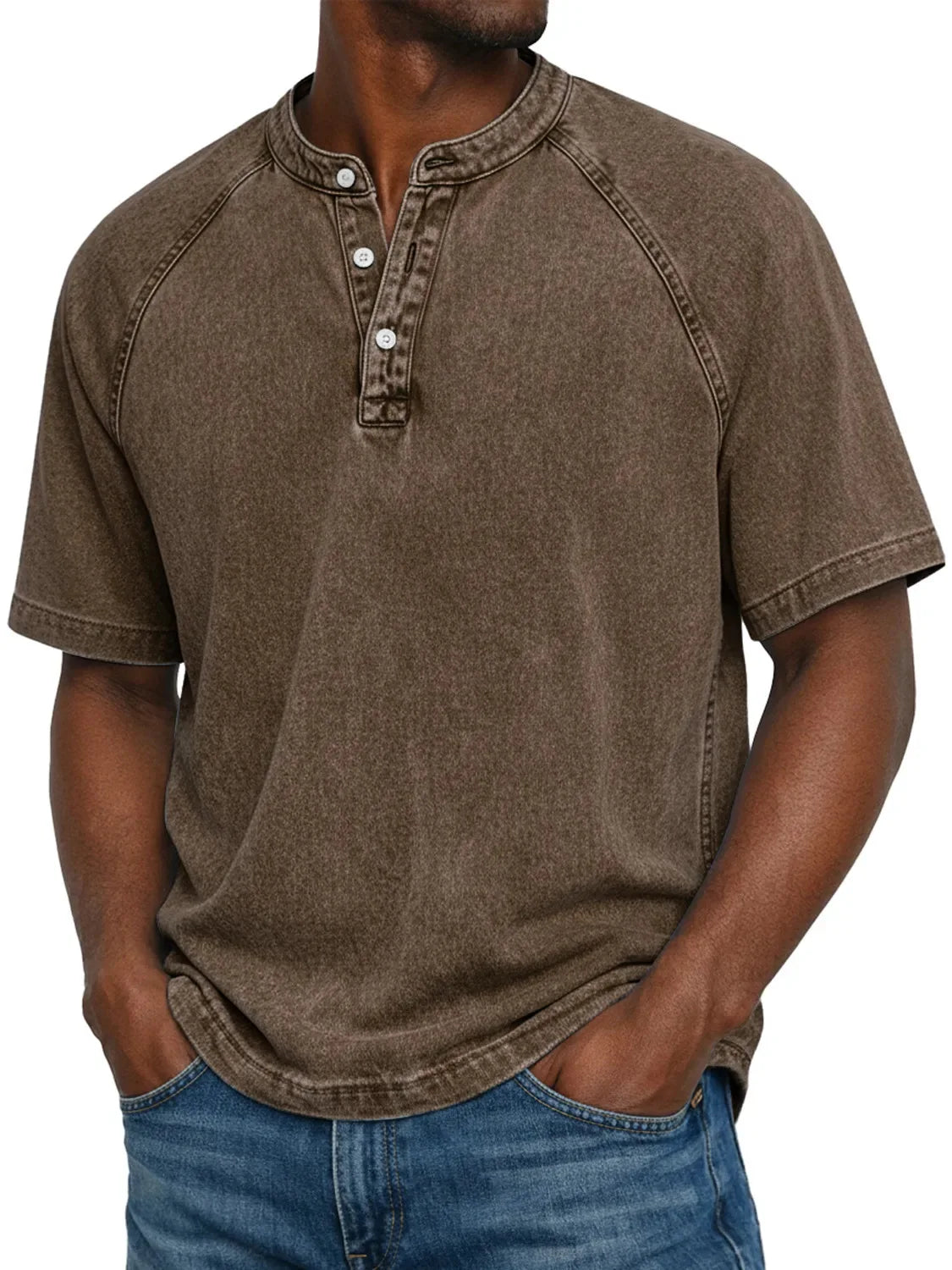 Elias - T-shirt homme col Henley manches courtes effet délavé vintage coton