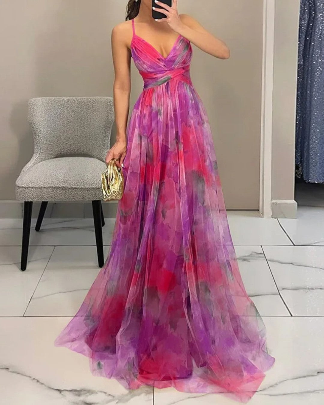Helena - Robe Maxi Femme Fluide Décolleté V Bretelles Fines Élégance Florale