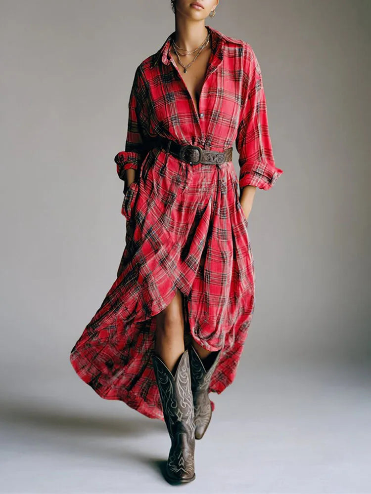 Kaenira - Robe Élégante à Carreaux et Manches Longues