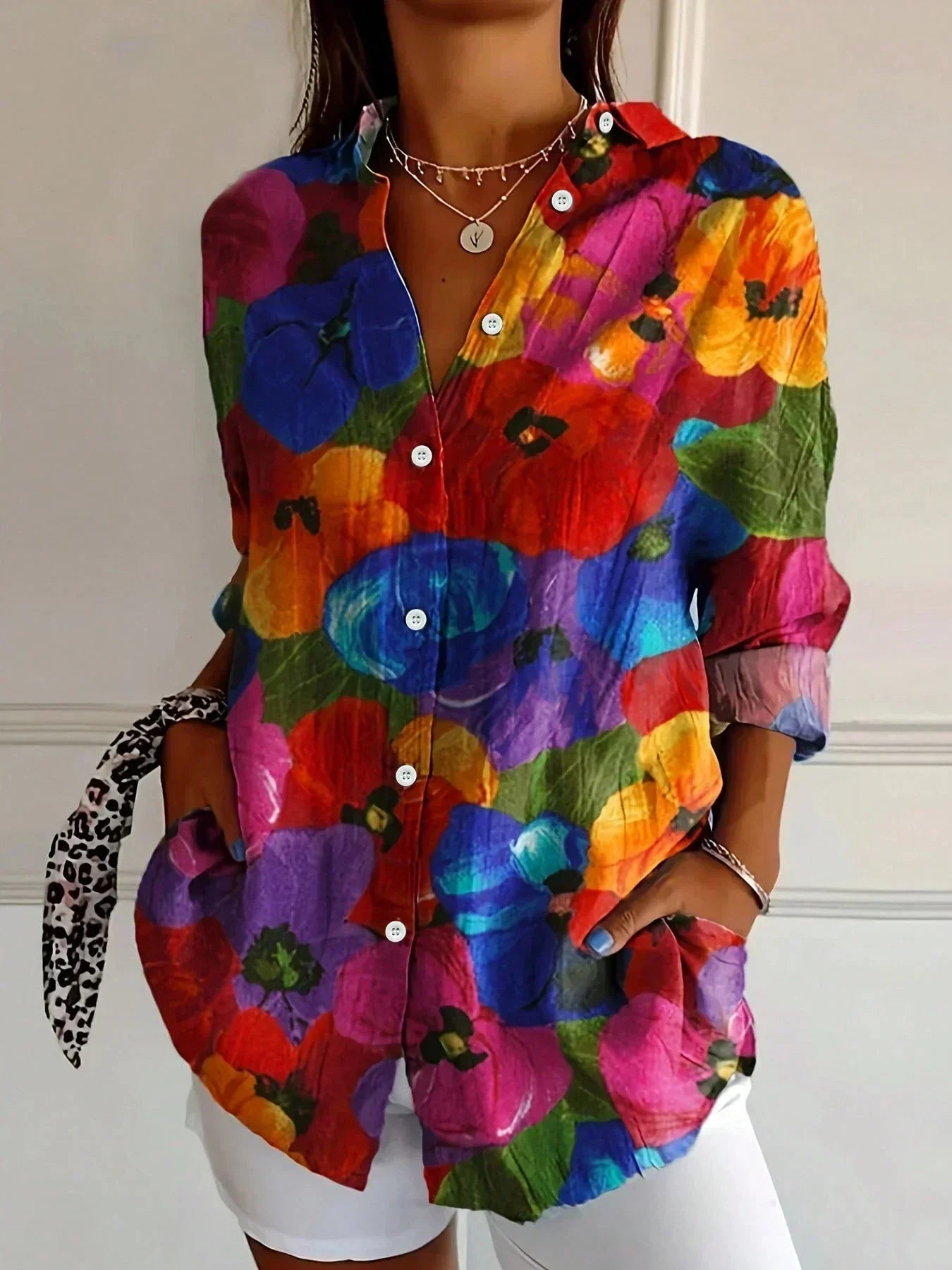Myzelle - Women's Flowy Printed Long Sleeve V-Neck Button-Up Blouse Elegant