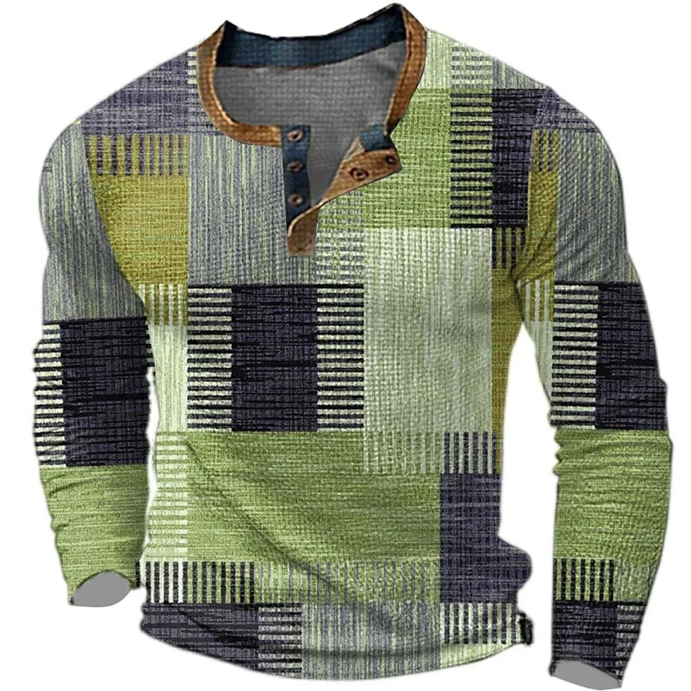 Damian - T-shirt homme manches longues imprimé géométrique col Henley