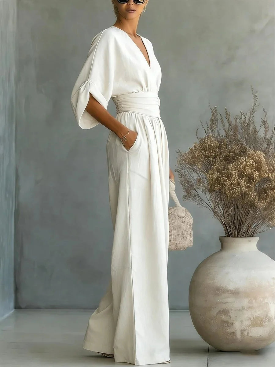 Helyrae - Combinaison Femme Col V Taille Marquée Coupe Fluide Élégante