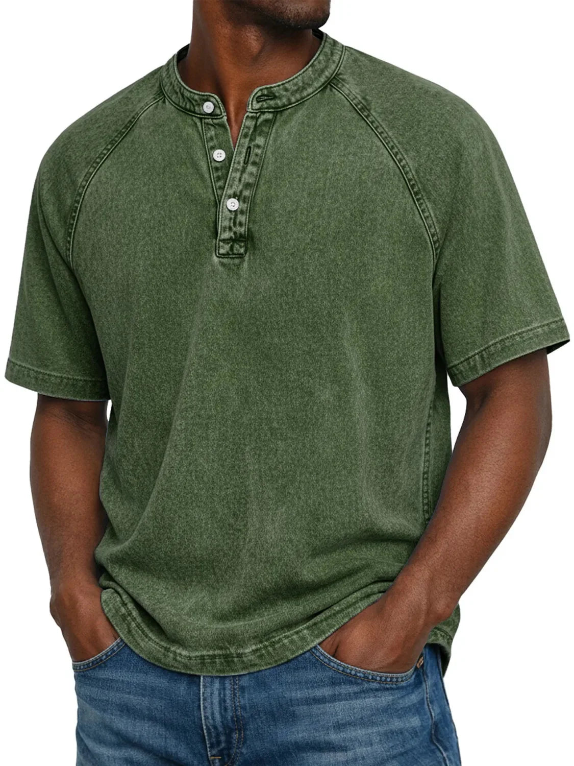 Elias - T-shirt homme col Henley manches courtes effet délavé vintage coton