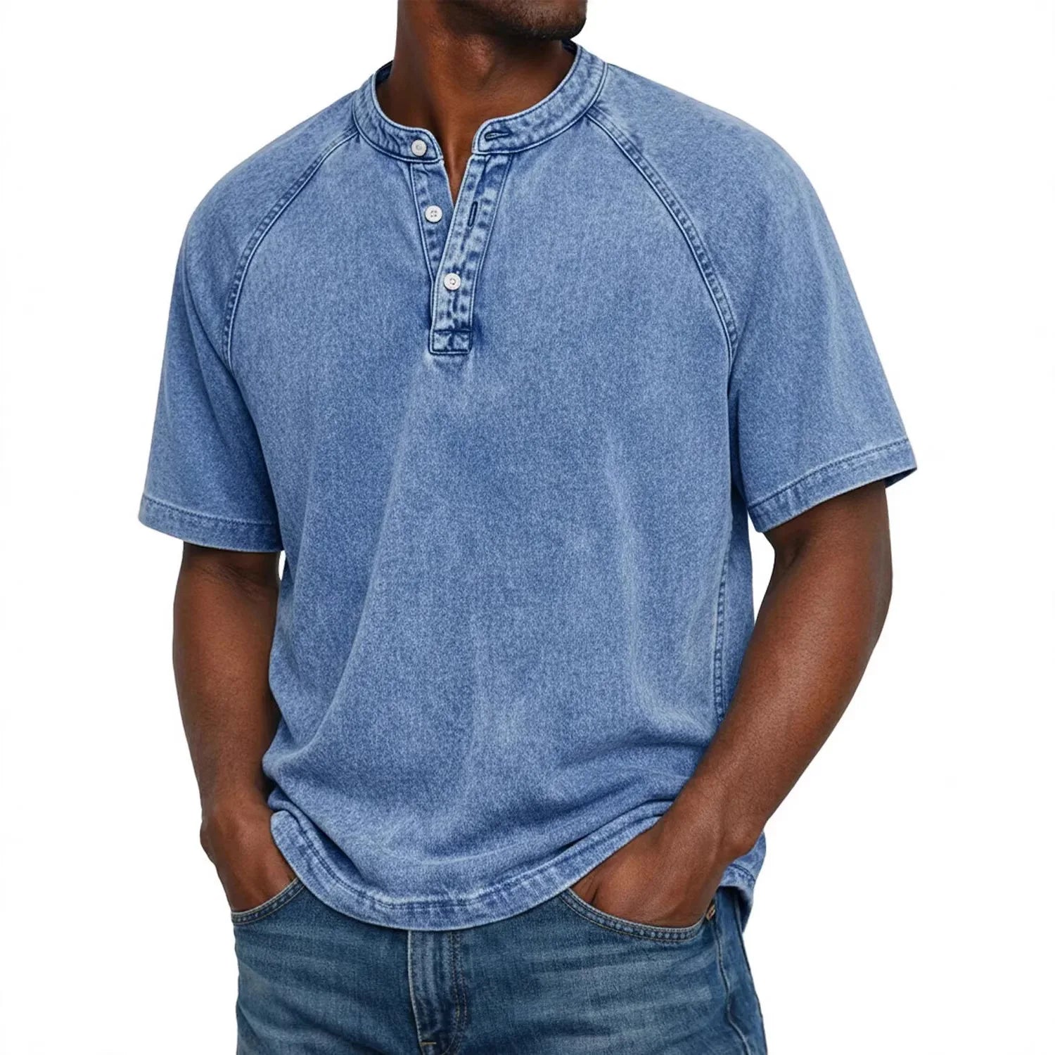 Elias - T-shirt homme col Henley manches courtes effet délavé vintage coton