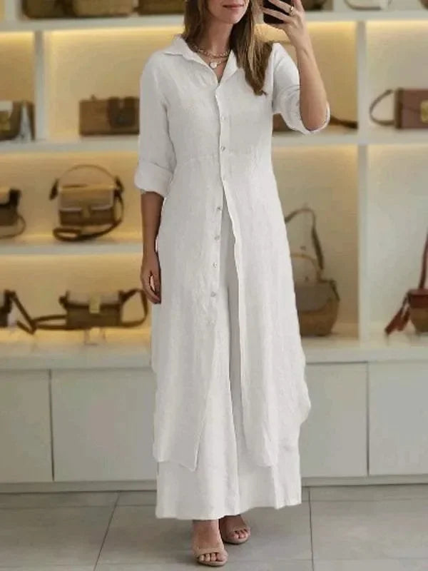 Bresina - Ensemble en lin élégant robe chemise longue et pantalon fluide