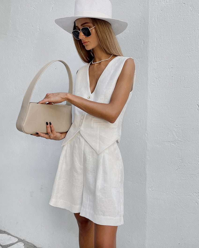 Brionnae - Ensemble femme en coton lin avec gilet boutonné et short