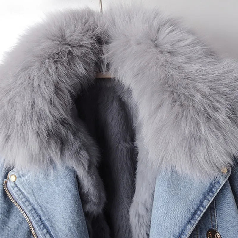 Béatrice - Manteau de denim en fourrure de renard doublé de luxe