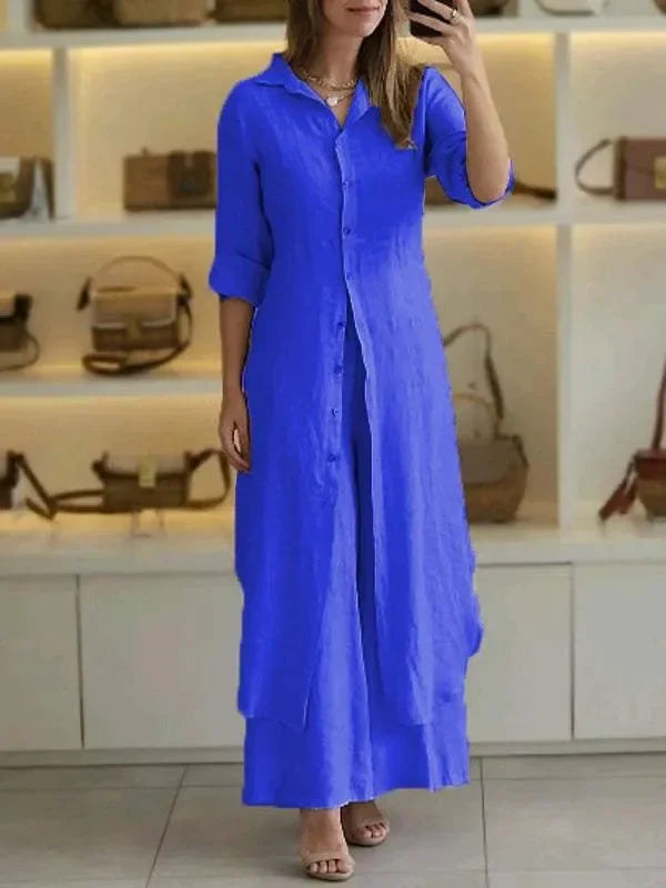 Bresina - Ensemble en lin élégant robe chemise longue et pantalon fluide