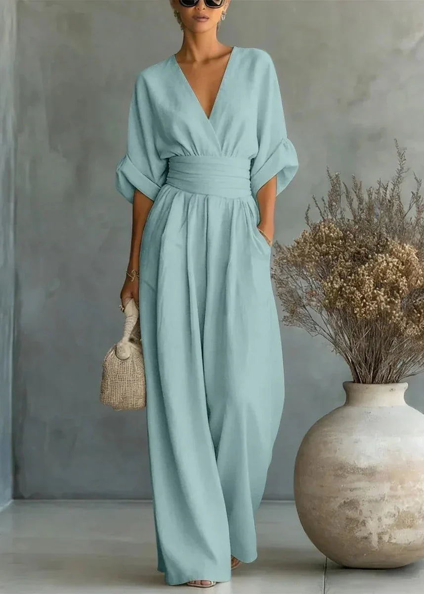 Helyrae - Combinaison Femme Col V Taille Marquée Coupe Fluide Élégante