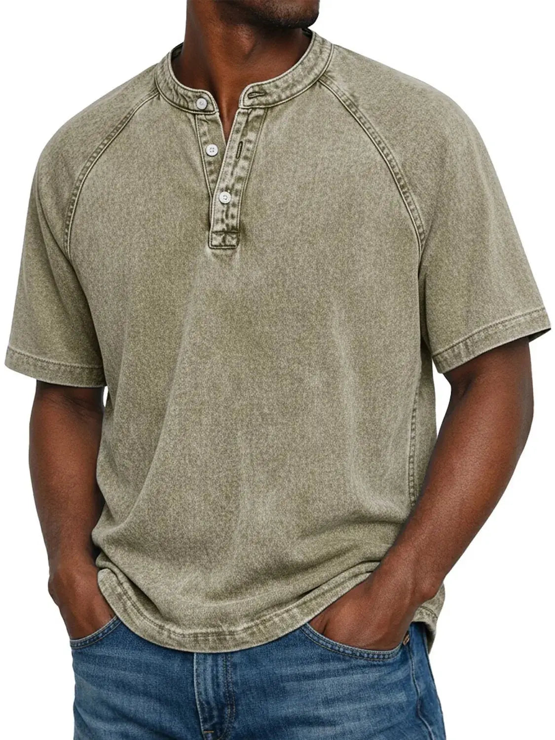 Elias - T-shirt homme col Henley manches courtes effet délavé vintage coton