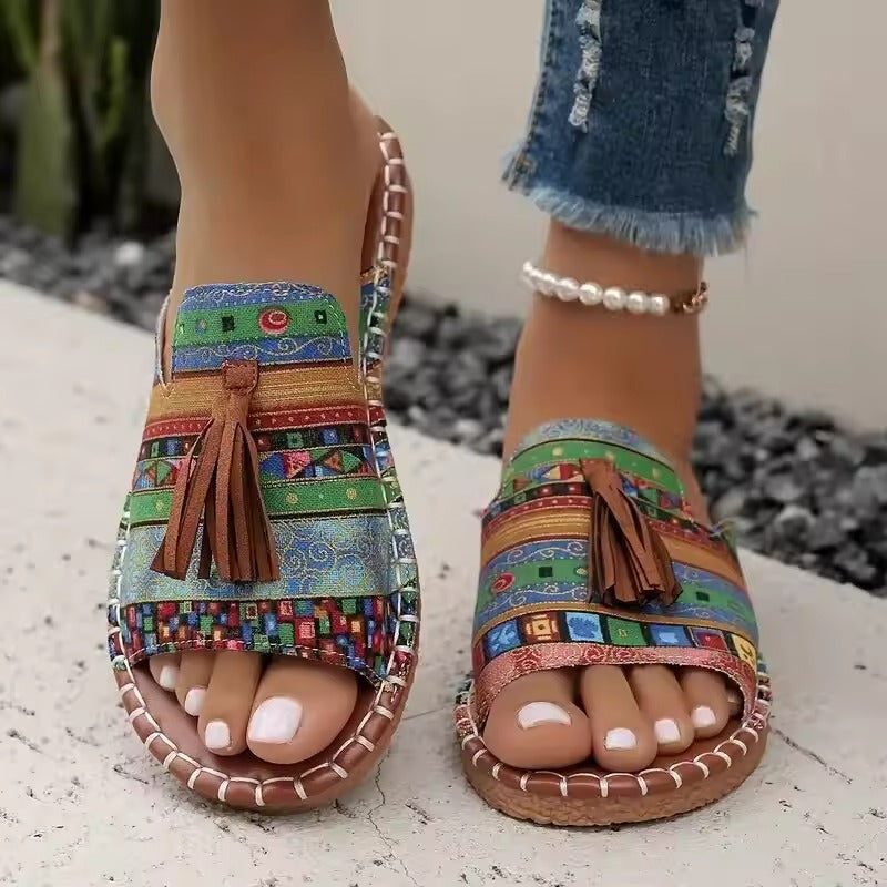 Erythia - Sandales femme plates tissu ethnique franges semelle confort