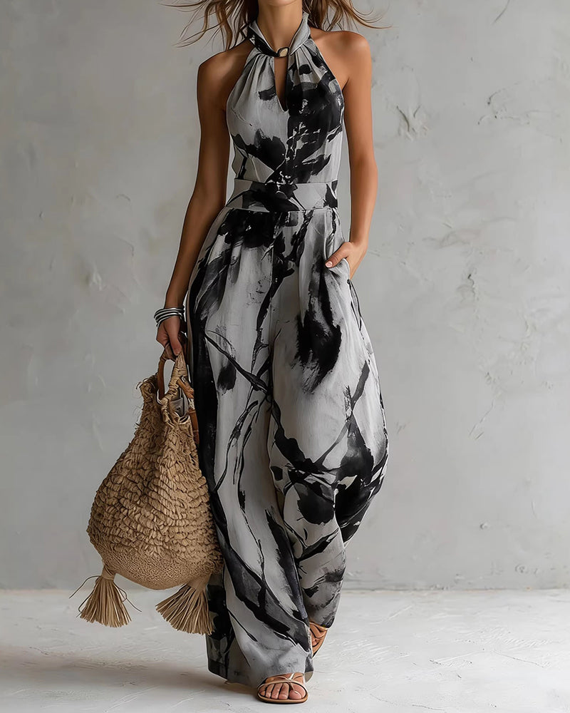 Elvina - Combinaison femme col halter à imprimé aquarelle