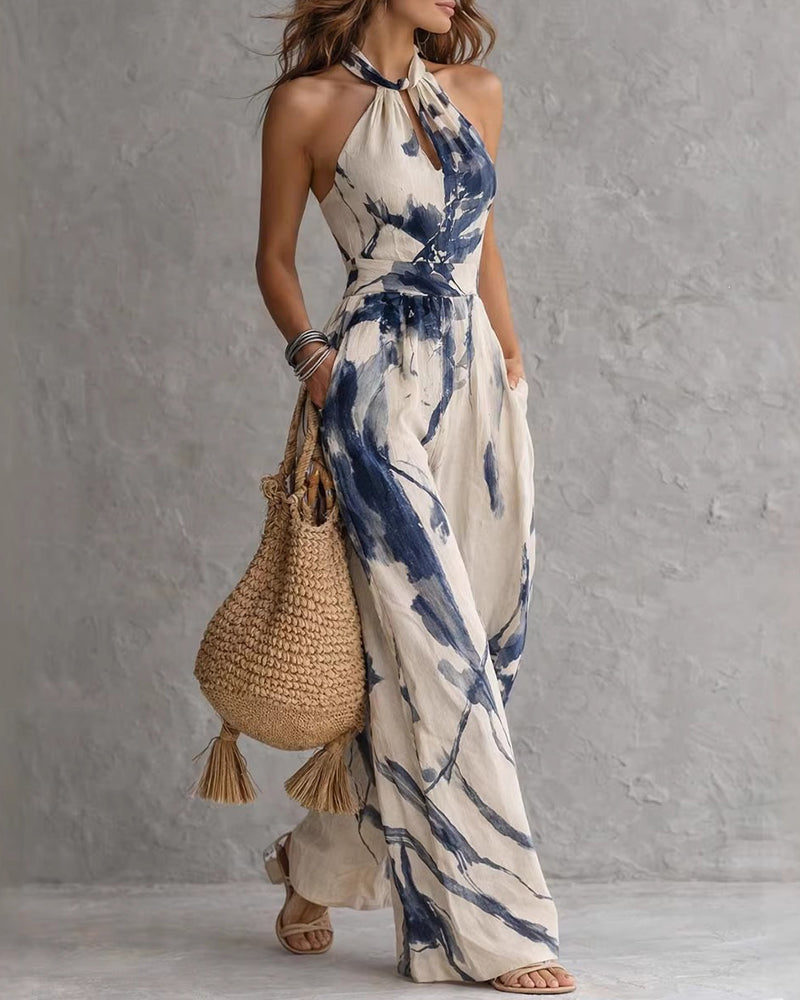 Elvina - Combinaison femme col halter à imprimé aquarelle