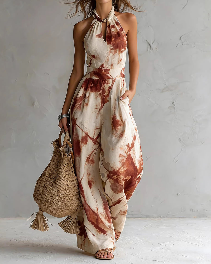Elvina - Combinaison femme col halter à imprimé aquarelle