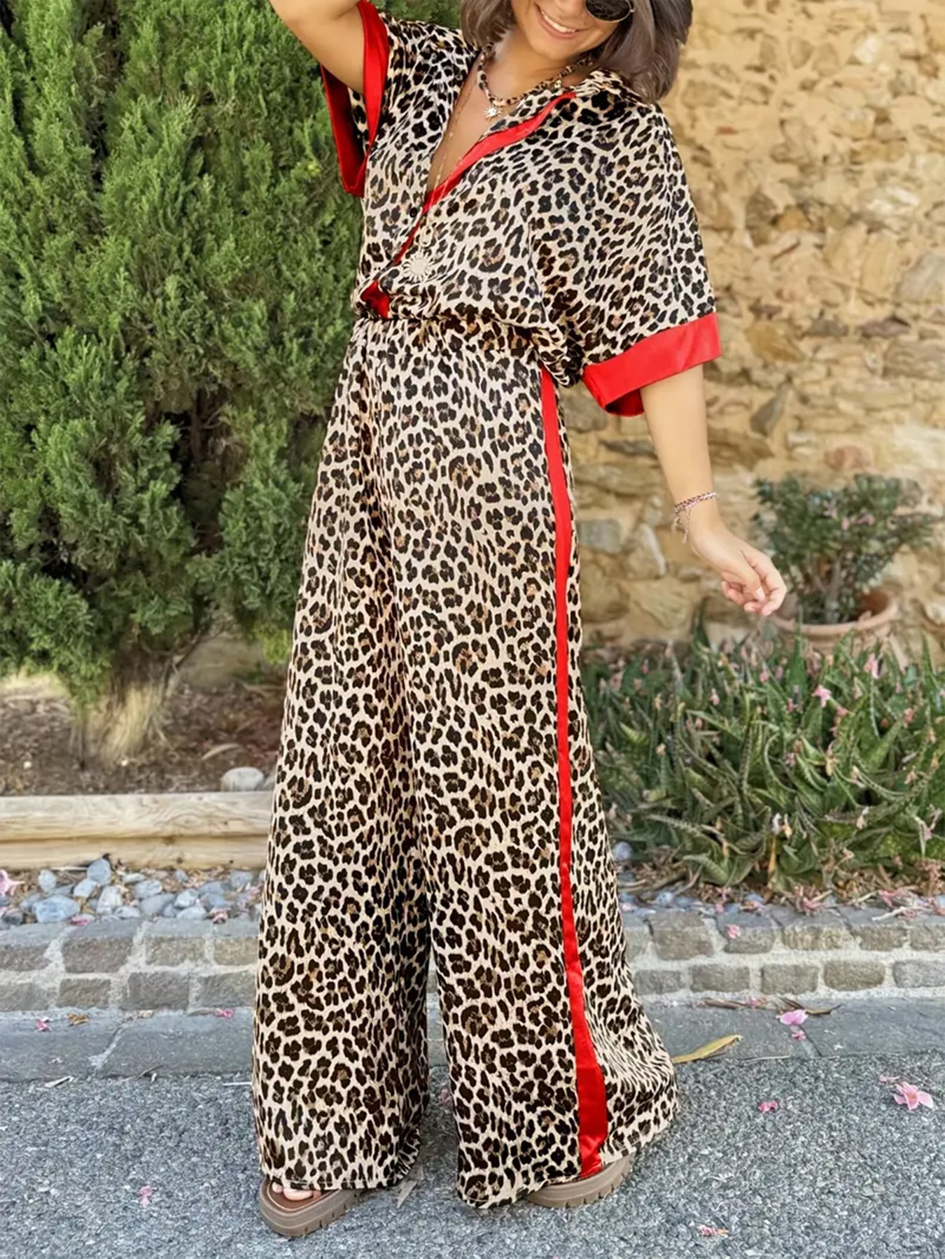 Cyra - Ensemble Imprimé Léopard avec Pantalon à Jambes Larges