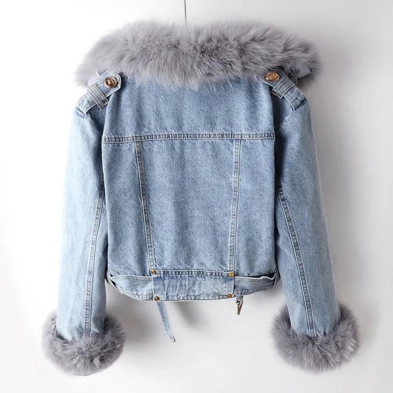 Béatrice - Manteau de denim en fourrure de renard doublé de luxe