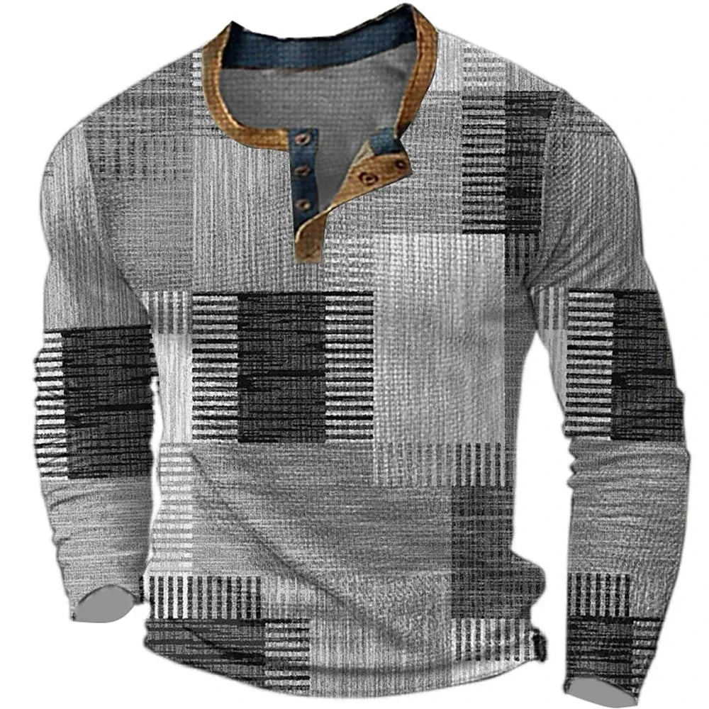 Damian - T-shirt homme manches longues imprimé géométrique col Henley