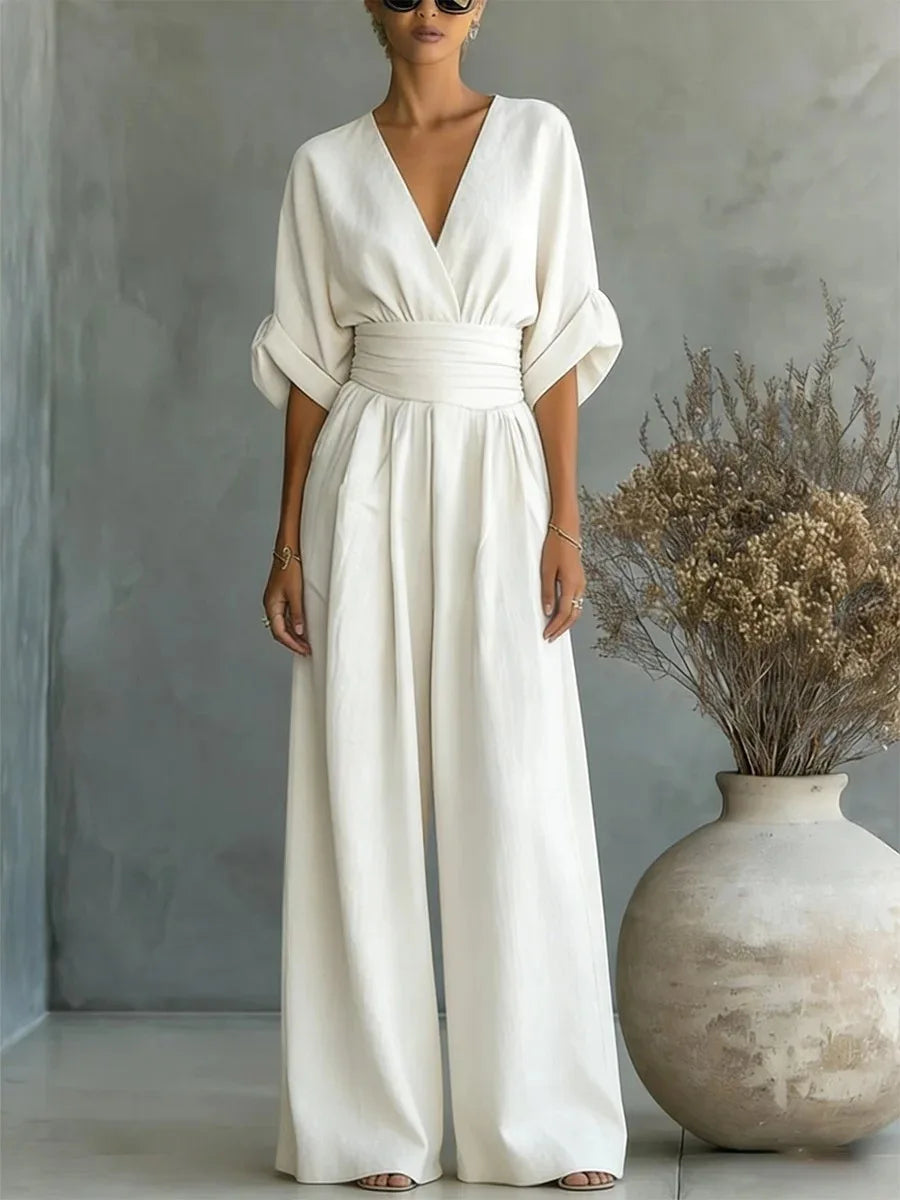 Helyrae - Combinaison Femme Col V Taille Marquée Coupe Fluide Élégante