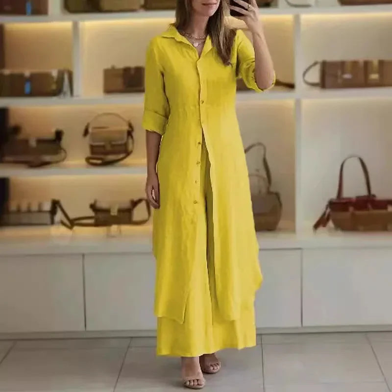 Bresina - Ensemble en lin élégant robe chemise longue et pantalon fluide