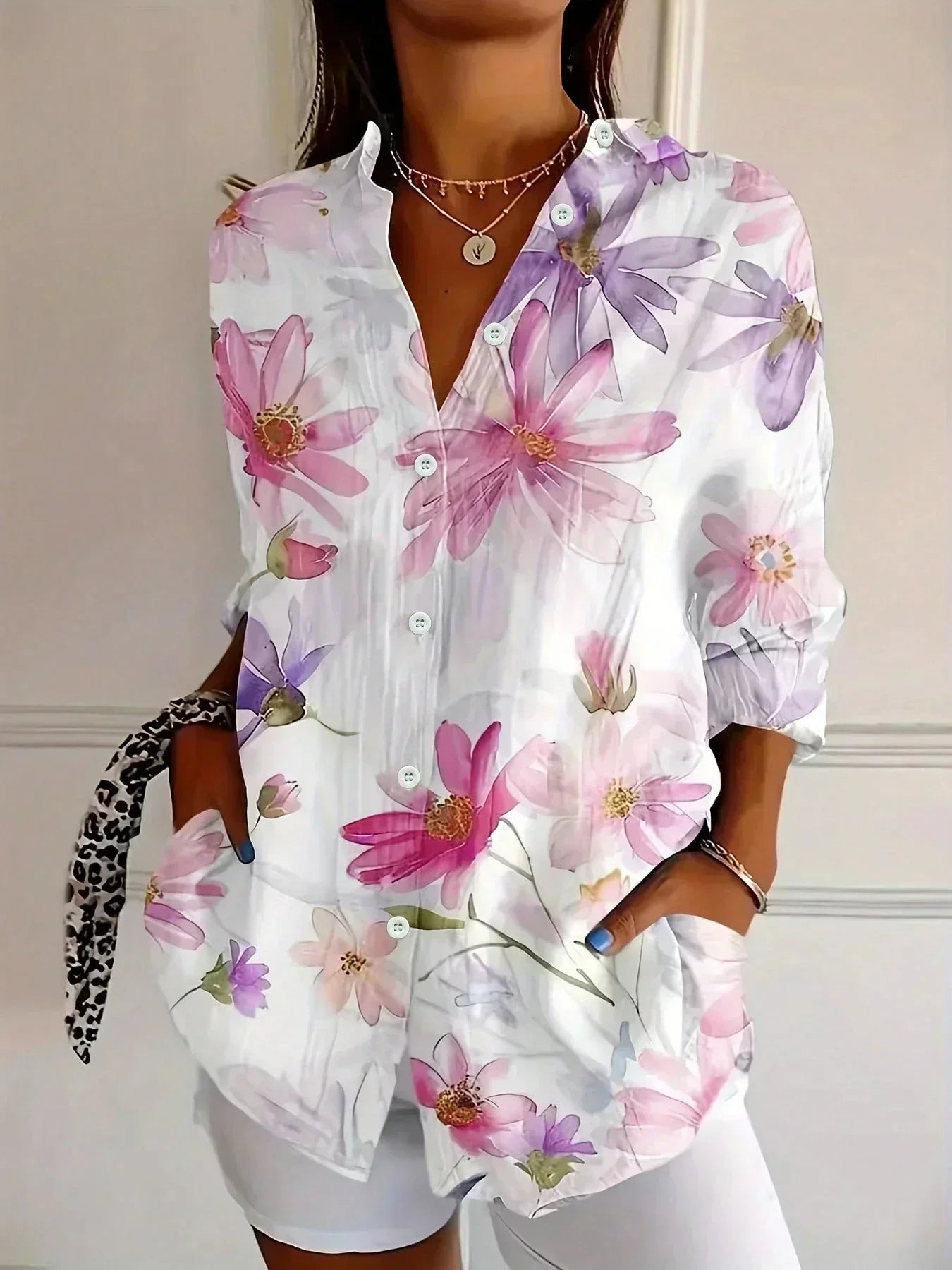 Myzelle - Women's Flowy Printed Long Sleeve V-Neck Button-Up Blouse Elegant