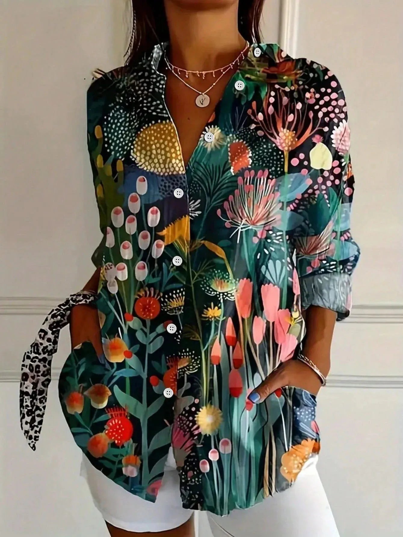 Myzelle - Women's Flowy Printed Long Sleeve V-Neck Button-Up Blouse Elegant