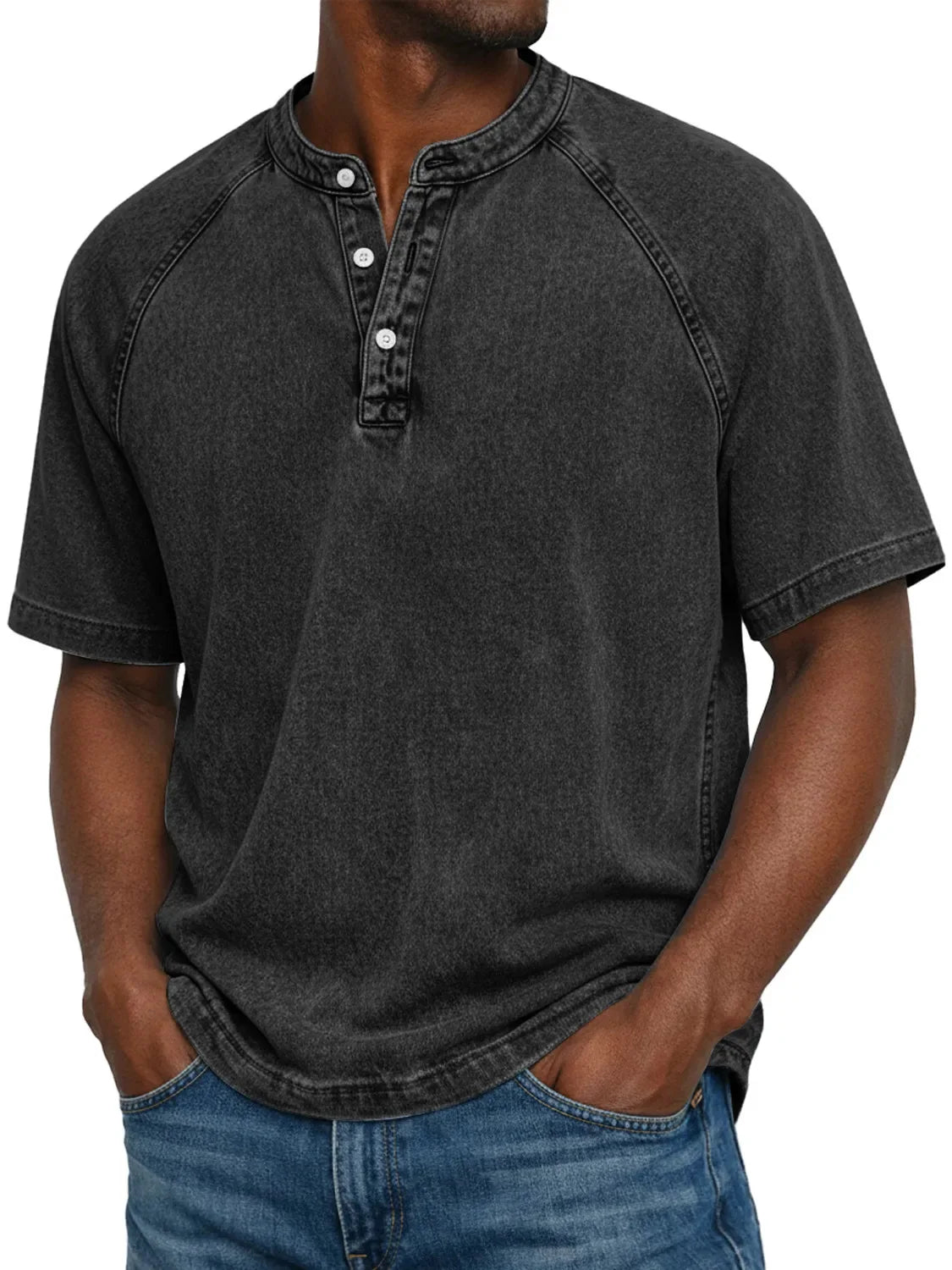 Elias - T-shirt homme col Henley manches courtes effet délavé vintage coton