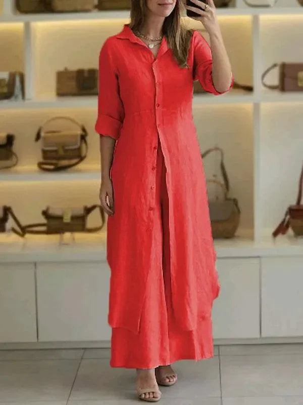 Bresina - Ensemble en lin élégant robe chemise longue et pantalon fluide